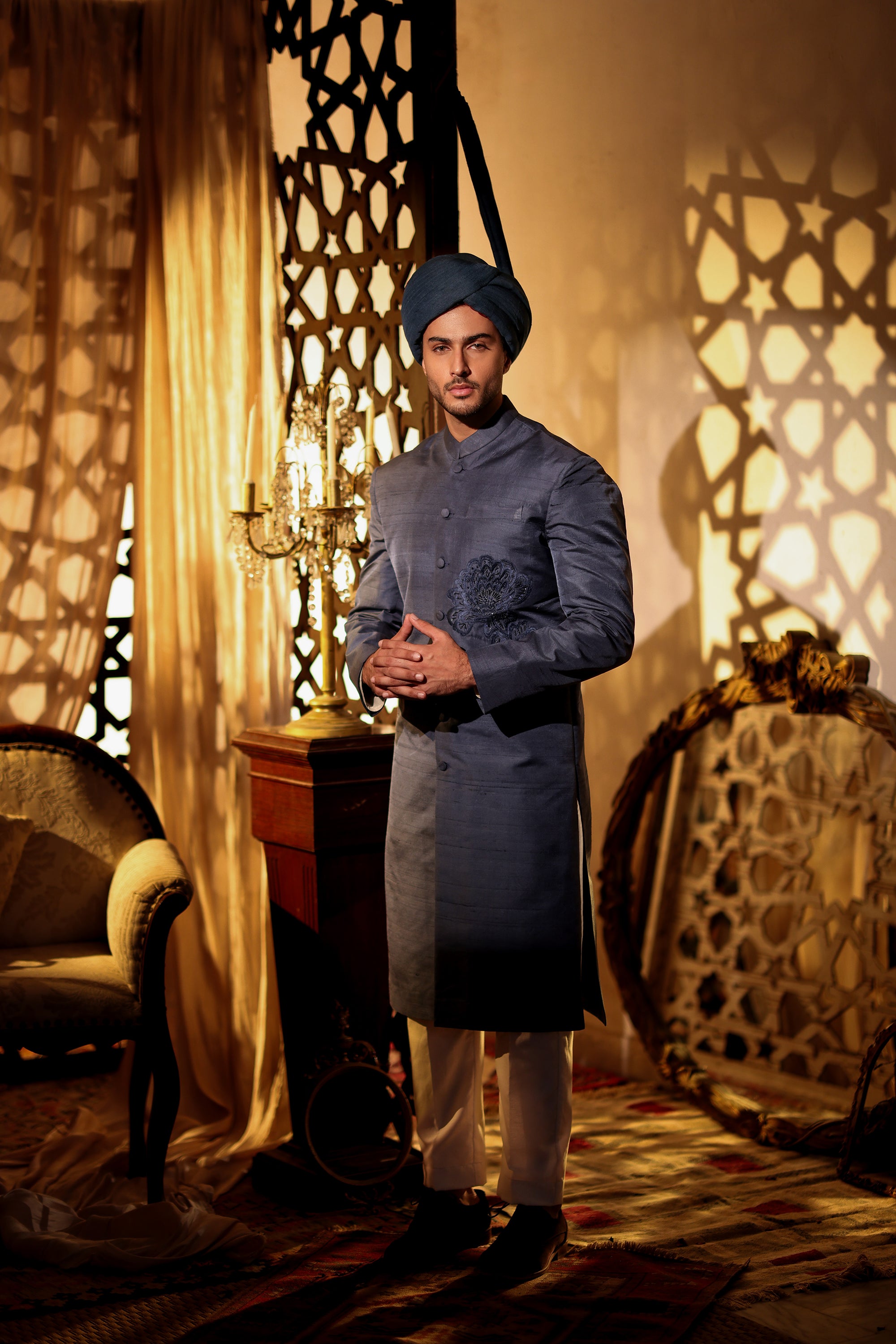 Deep Blue sherwani with Kula