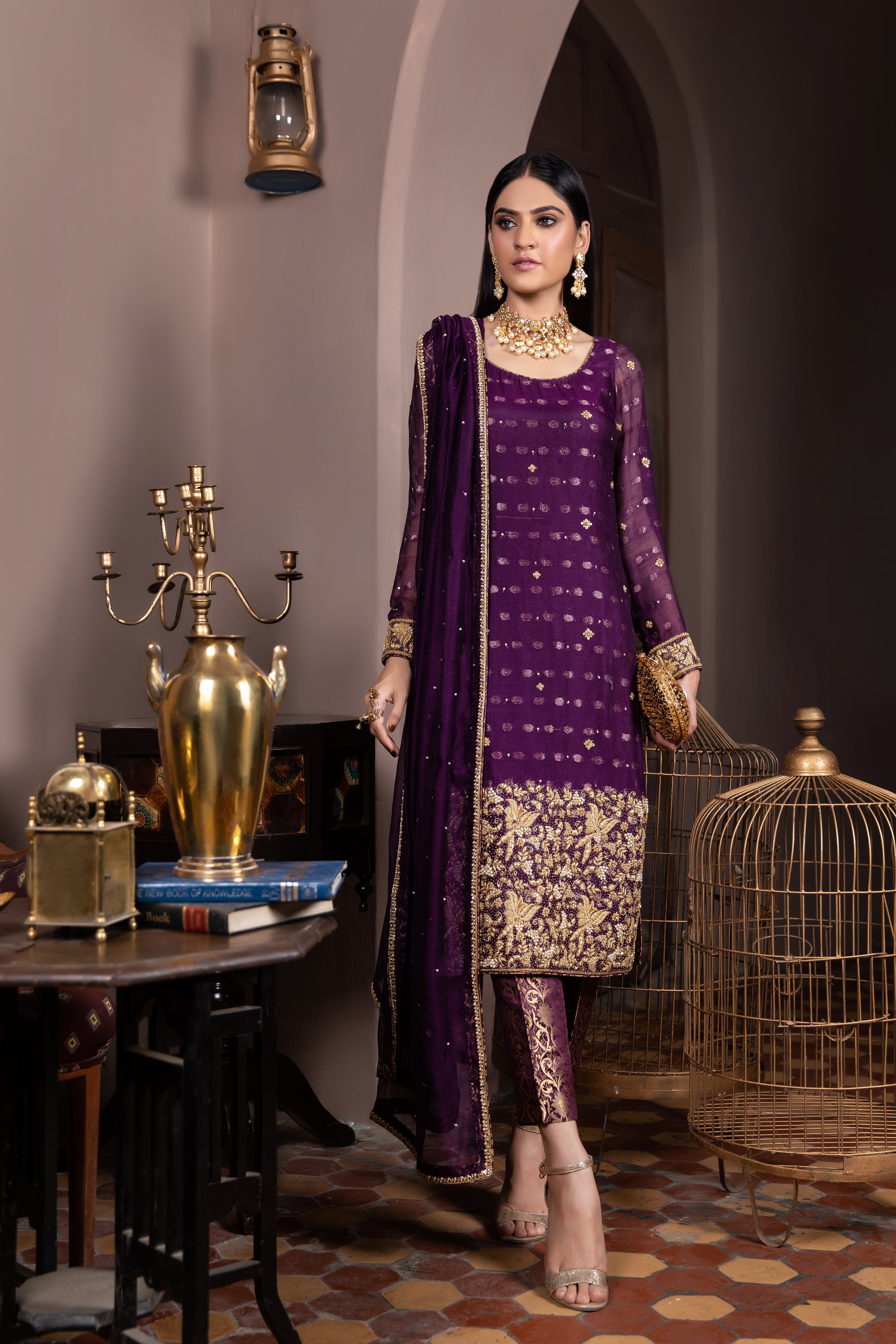 Plum Damaan Outfit – Elegant Dabka Embellished Daaman with Jamawar ...