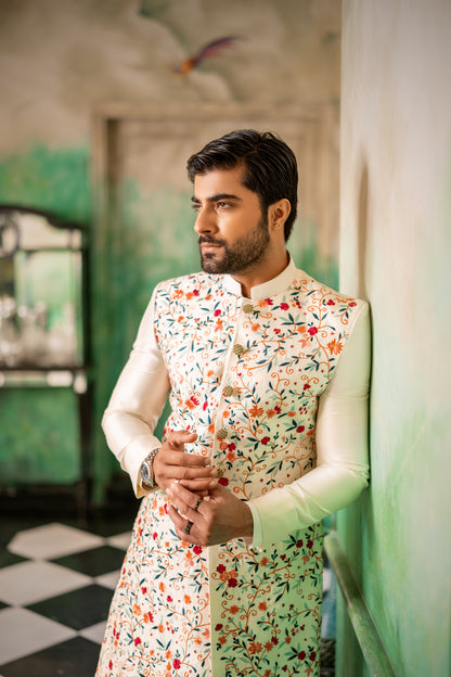 Raw Silk Sherwani With Heavy Threadwork