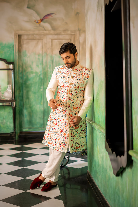 Raw Silk Sherwani With Heavy Threadwork