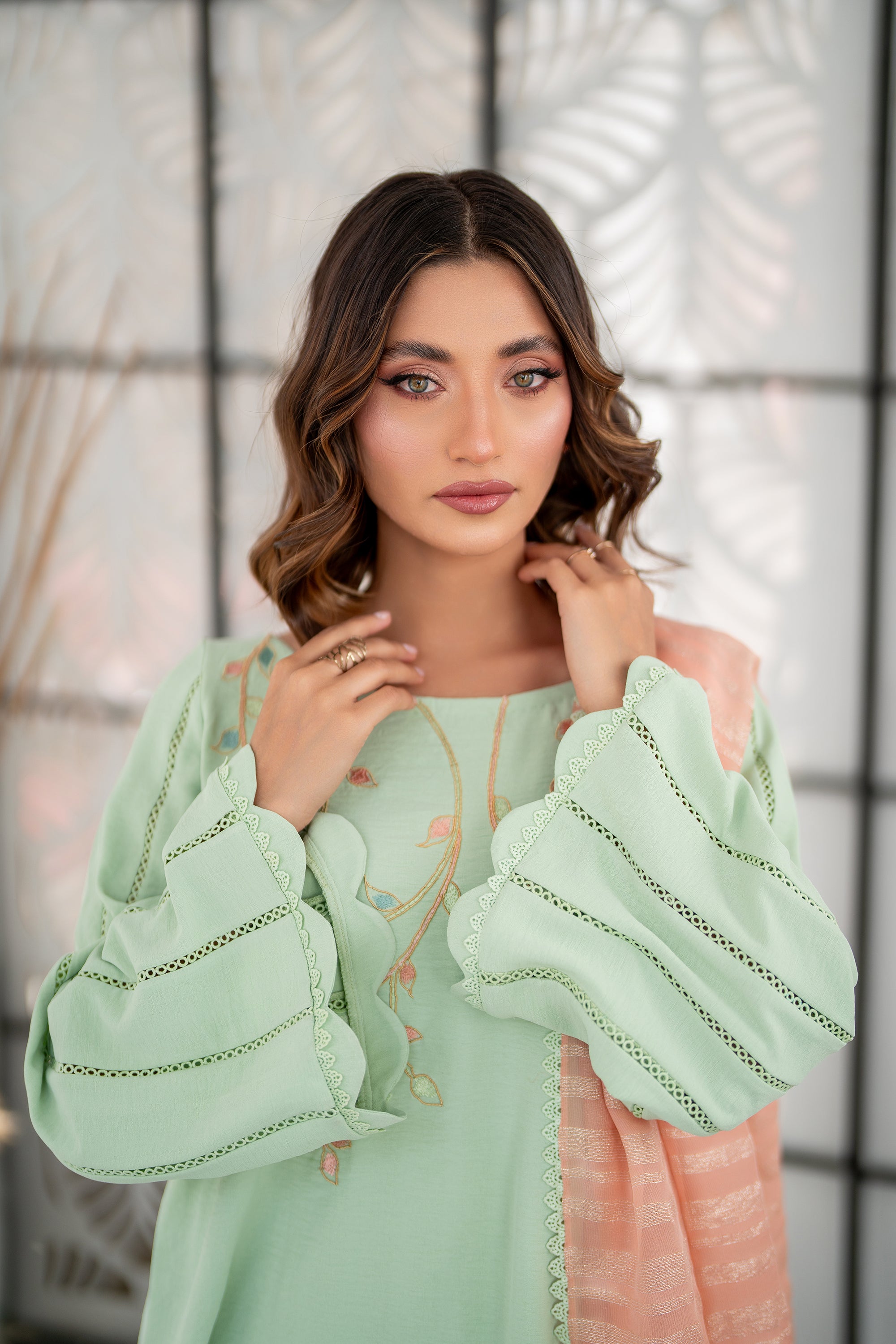 Mint Green with Peach Dupatta Pret - Elegant Lace and Handwork Detailing Talha Batla Mint Green with Peach Dupatta Pret - Elegant Lace and Handwork Detailing Talha Batla