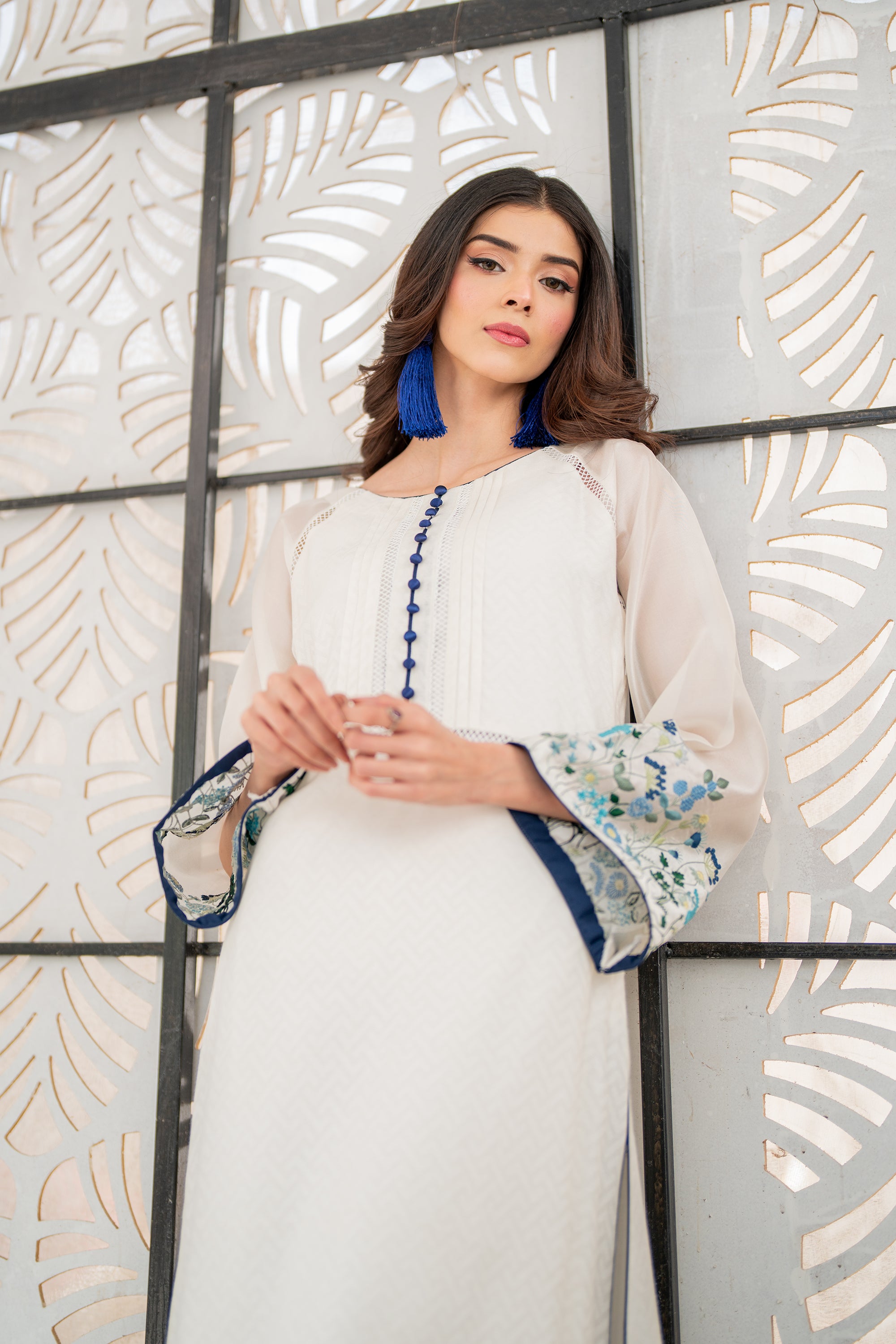 Elegant White and Blue Embroidered Outfit with Silk Chunri Dupatta – Talha  Batla