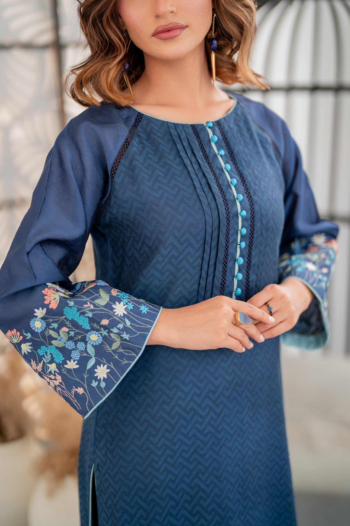 Navy blue pret with embroidered sleeves