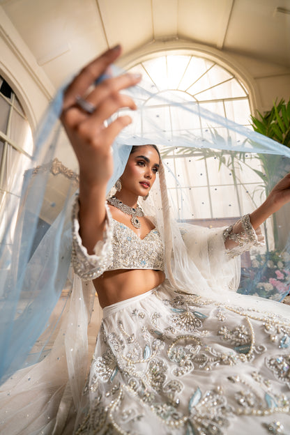 Noorie - White and ice blue lehnga choli