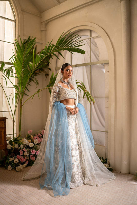 Noorie - White and ice blue lehnga choli